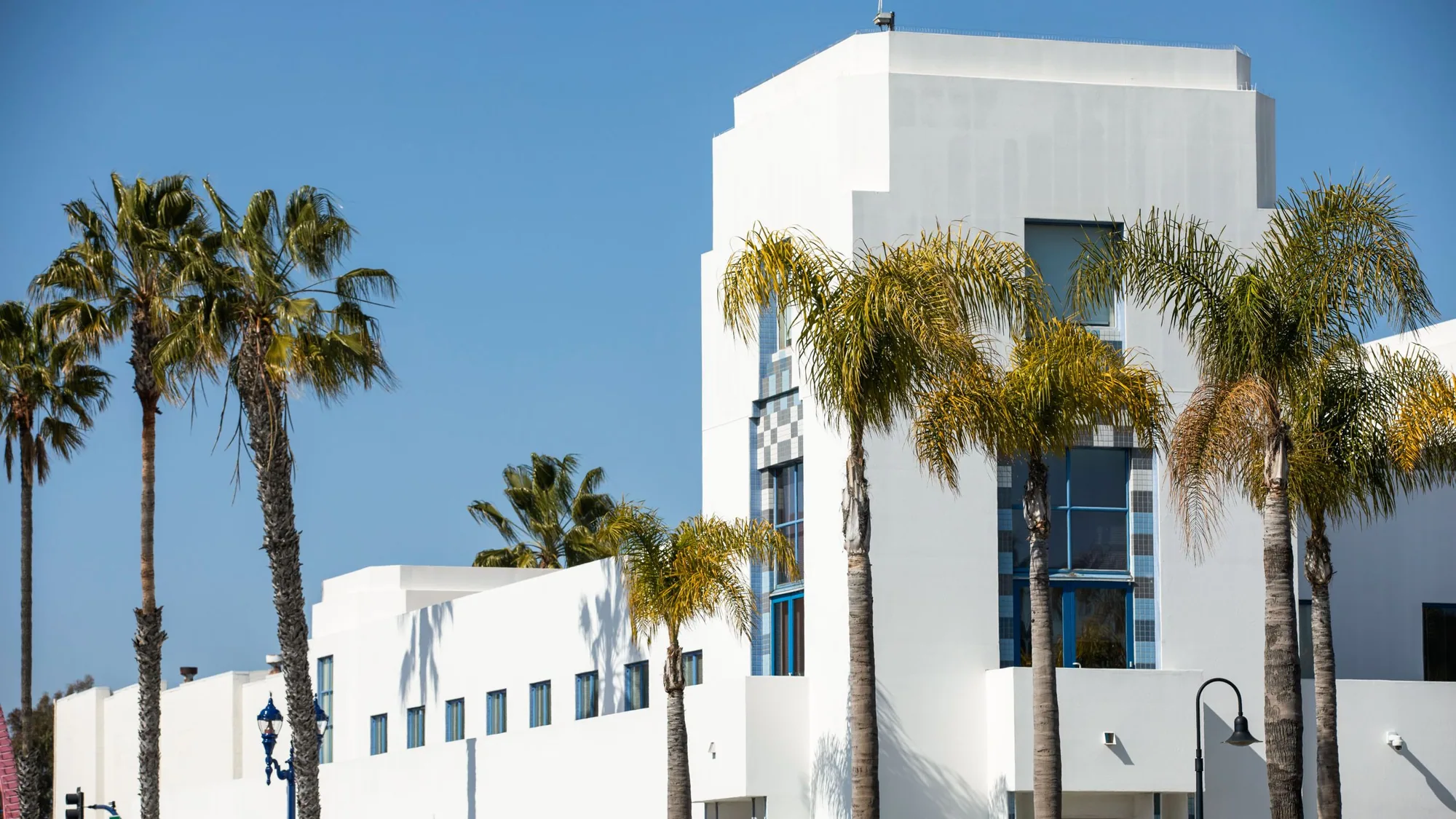 Downtown Oceanside building with palms