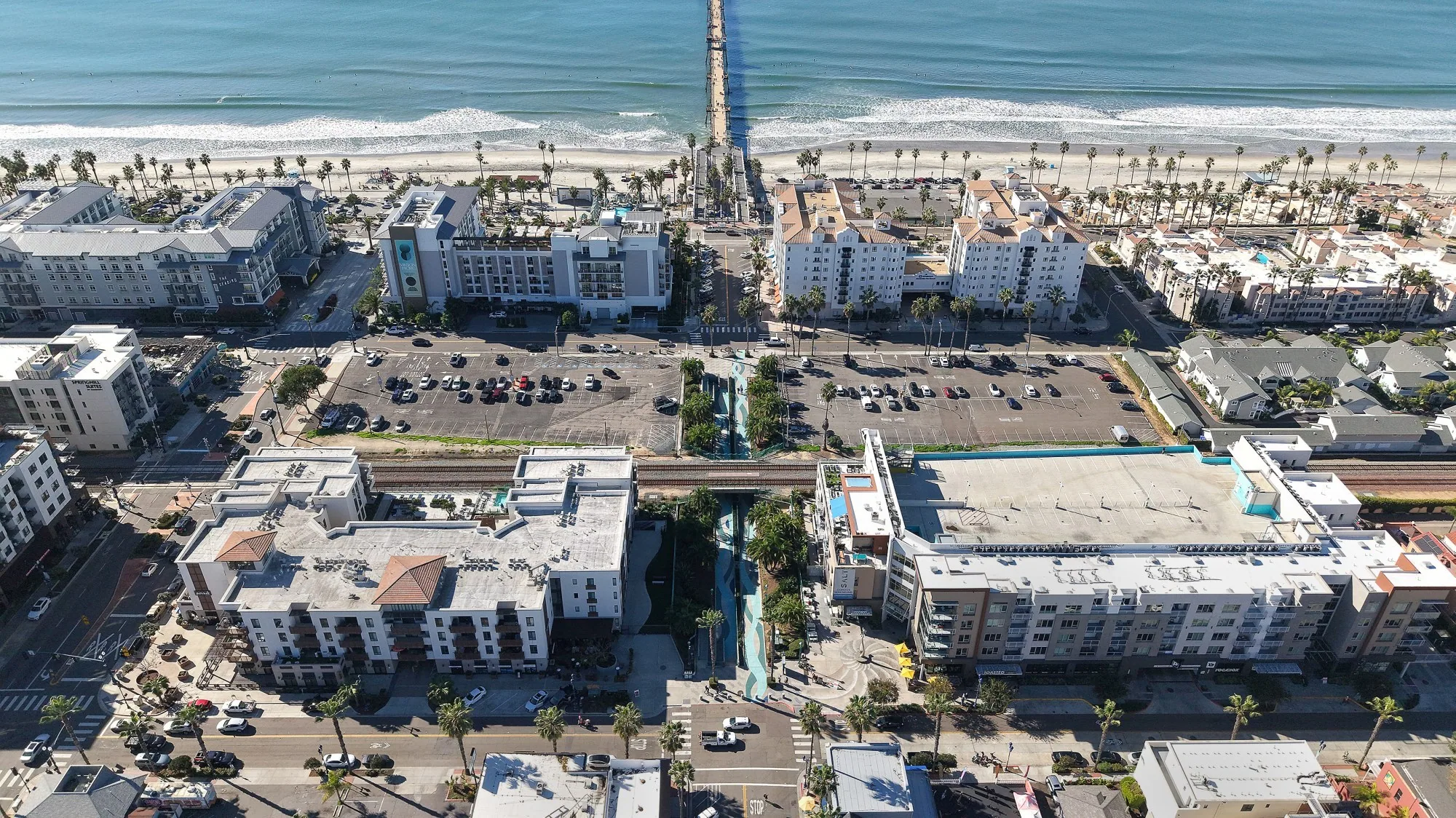 Downtown Oceanside, CA commercial buildings near the pier